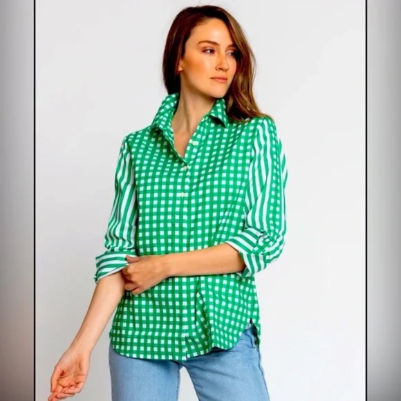 Hinson Wu Zoey Gingham 3/4 Sleeve Button Down sz M NWT $280 - Picture 1 of 14